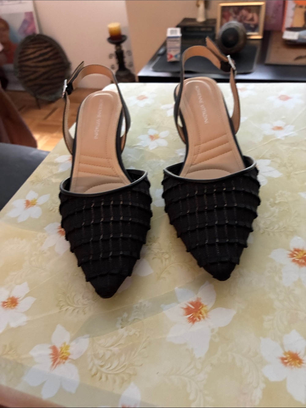 Andrenne Vittadin Black Pointed Slingback Mules with Layered Textured Upper
